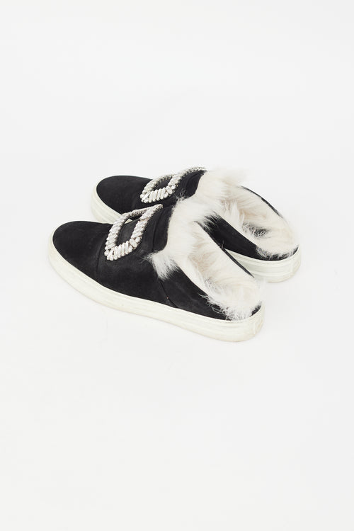 Roger Vivier Black Suede 
Shearling Buckle Sneaker Mule