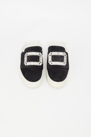 Roger Vivier Black Suede 
Shearling Buckle Sneaker Mule