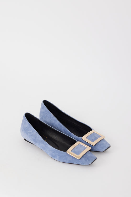 Roger Vivier Light Blue 
Gold Suede Trompette Flat