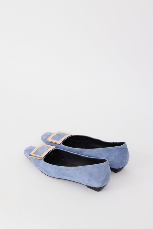 Roger Vivier Light Blue 
Gold Suede Trompette Flat