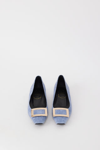 Roger Vivier Light Blue 
Gold Suede Trompette Flat