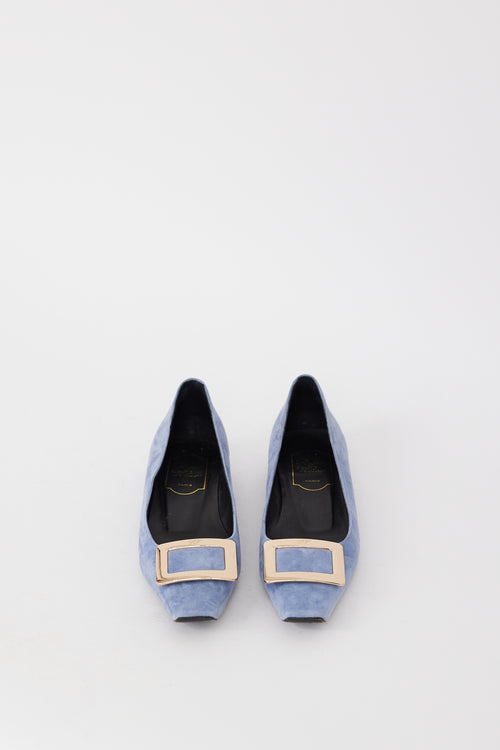 Roger Vivier Light Blue 
Gold Suede Trompette Flat