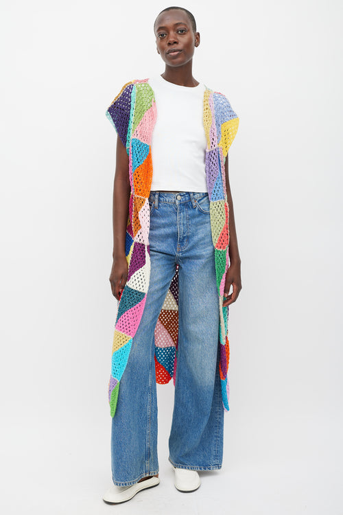 Rose Carmine Multicolour Cotton Patchwork Long Cardigan