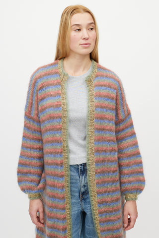 Rose Carmine Multicolour Striped Knit Mohair Cardigan