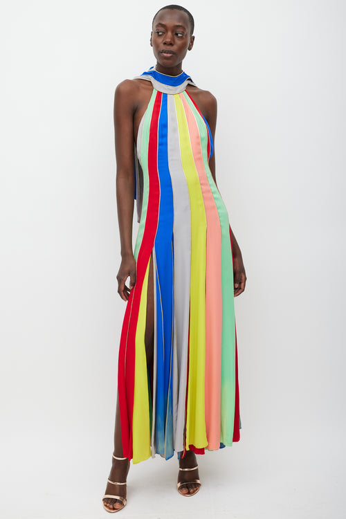 Rosie Assoulin Blue 
Multicolour Silk Striped Halter Dress