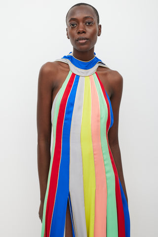 Rosie Assoulin Blue 
Multicolour Silk Striped Halter Dress