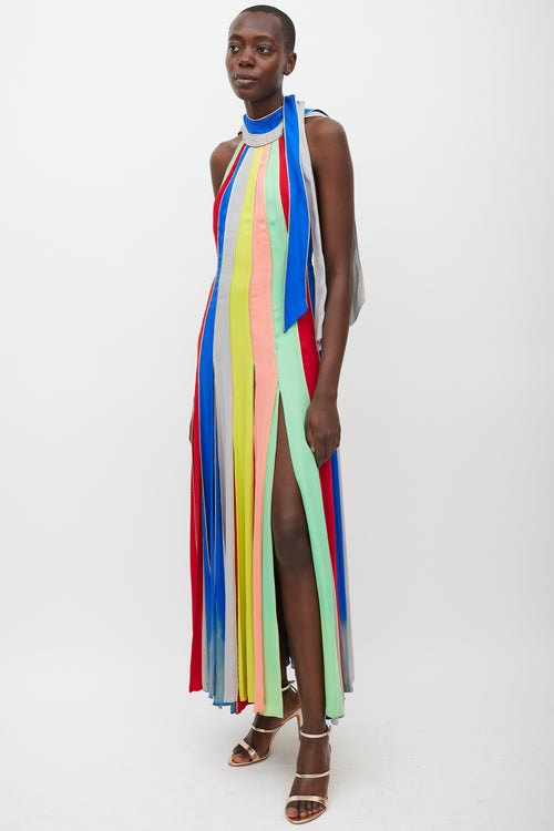 Rosie Assoulin Blue 
Multicolour Silk Striped Halter Dress