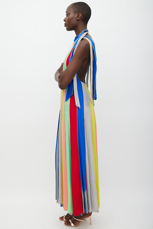 Rosie Assoulin Blue 
Multicolour Silk Striped Halter Dress