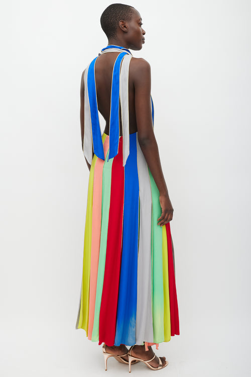 Rosie Assoulin Blue 
Multicolour Silk Striped Halter Dress