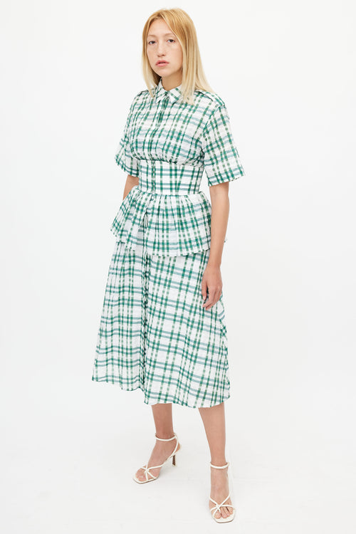 Rosie Assoulin Green 
White Check Short Sleeve Dress