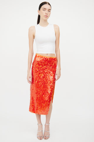 Rotate Orange Sequin Petal Slit Midi Skirt