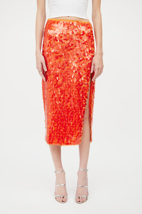 Rotate Orange Sequin Petal Slit Midi Skirt