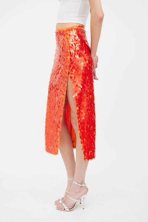 Rotate Orange Sequin Petal Slit Midi Skirt