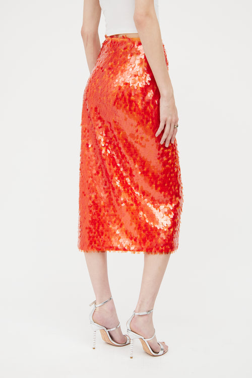 Rotate Orange Sequin Petal Slit Midi Skirt