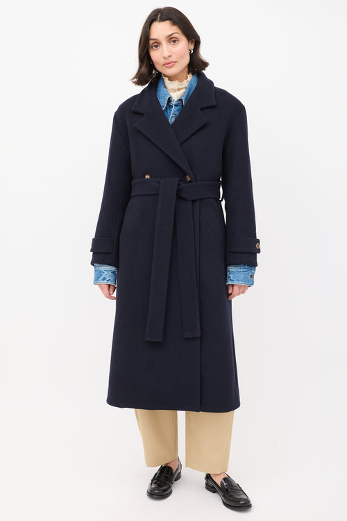 Rue De Tokyo Navy Wool Claudia Belted Long Coat