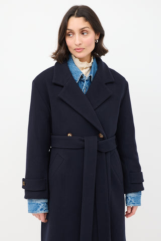 Rue De Tokyo Navy Wool Claudia Belted Long Coat