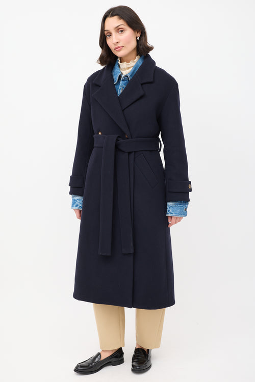 Rue De Tokyo Navy Wool Claudia Belted Long Coat