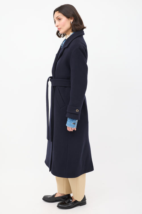 Rue De Tokyo Navy Wool Claudia Belted Long Coat