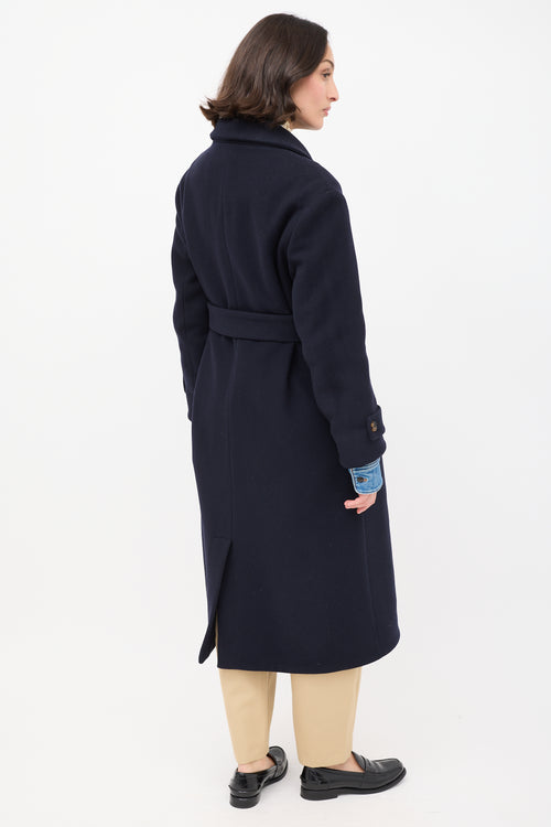 Rue De Tokyo Navy Wool Claudia Belted Long Coat