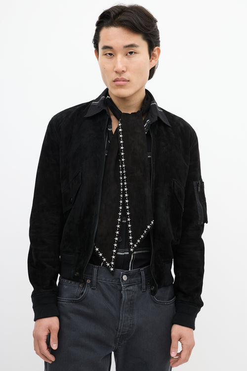 Saint Laurent Black Suede 
Silver Embroidered Star Cravat Scarf