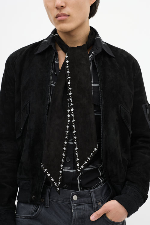 Saint Laurent Black Suede 
Silver Embroidered Star Cravat Scarf