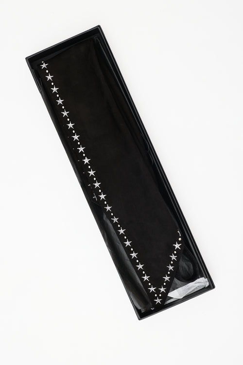 Saint Laurent Black Suede 
Silver Embroidered Star Cravat Scarf