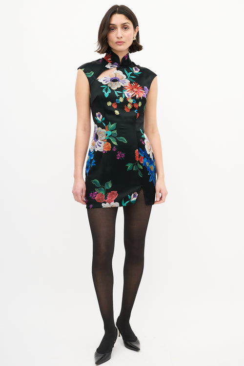 Sau Lee Black 
Multi Satin Floral Devon Mini Dress