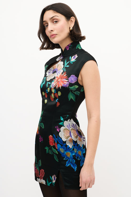 Sau Lee Black 
Multi Satin Floral Devon Mini Dress