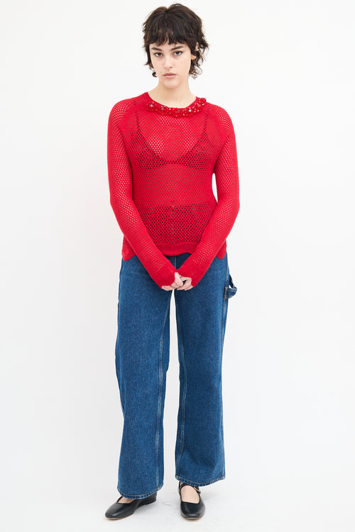 Simone Rocha Red Wool Knit Mesh Embellished  Sweater