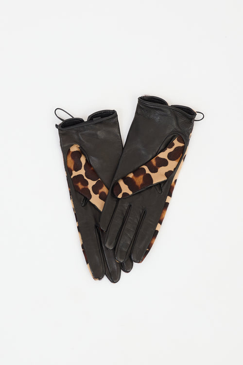 Emilio Pucci Brown 
Black Leather 
Textured Hair Gloves