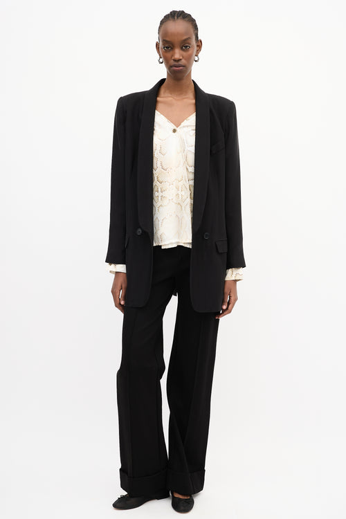 Smythe Black Satin Shawl Collar Long Blazer