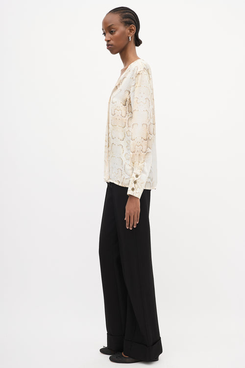 Smythe Cream 
Brown Satin Printed Blouse