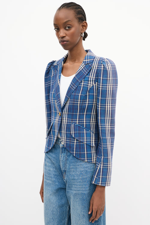 Smythe Blue Cotton Plaid Pouf Sleeve Blazer