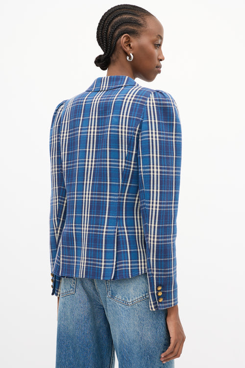 Smythe Blue Cotton Plaid Pouf Sleeve Blazer