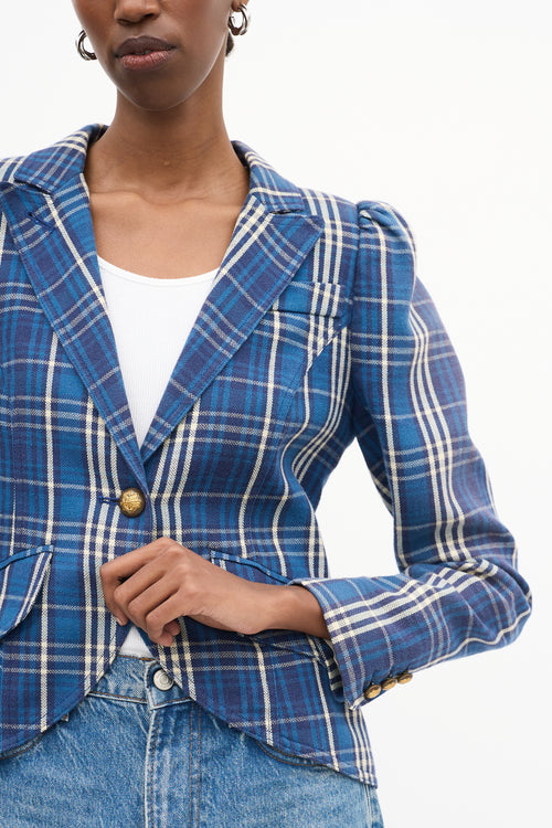 Smythe Blue Cotton Plaid Pouf Sleeve Blazer