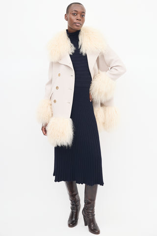 Sonia Rykiel Beige Wool 
Fur Trim Mid Length Coat