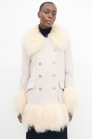 Sonia Rykiel Beige Wool 
Fur Trim Mid Length Coat