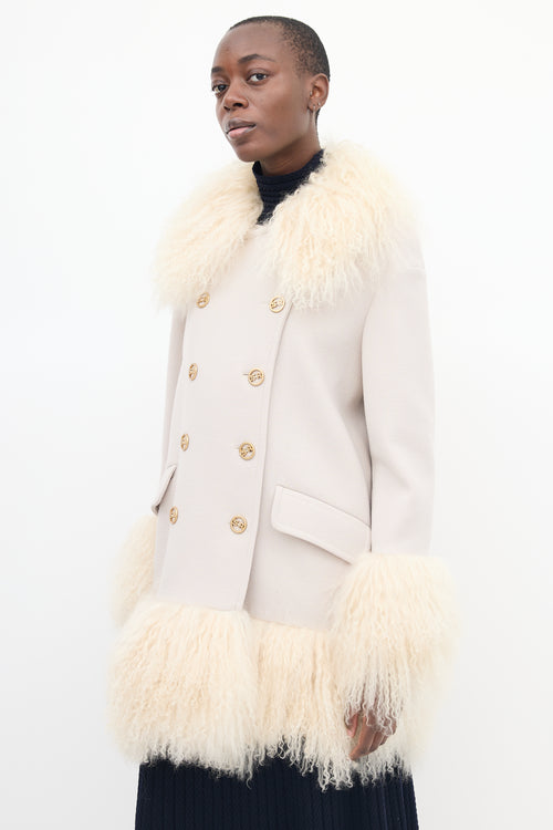 Sonia Rykiel Beige Wool 
Fur Trim Mid Length Coat