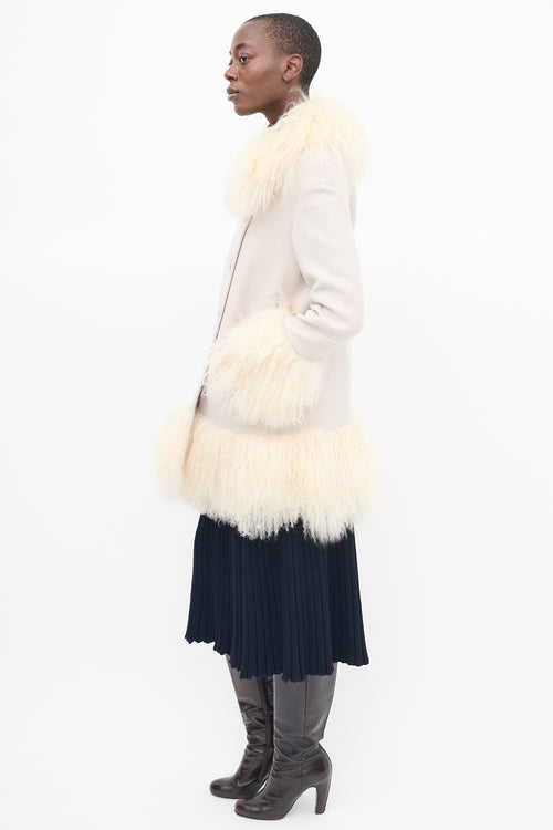 Sonia Rykiel Beige Wool 
Fur Trim Mid Length Coat