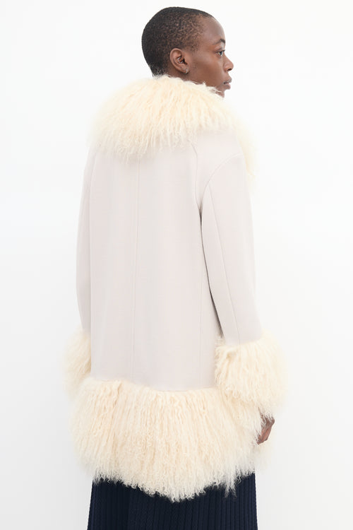 Sonia Rykiel Beige Wool 
Fur Trim Mid Length Coat