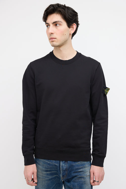 Stone Island Black Cotton Fleece Crewneck Logo Sweatshirt