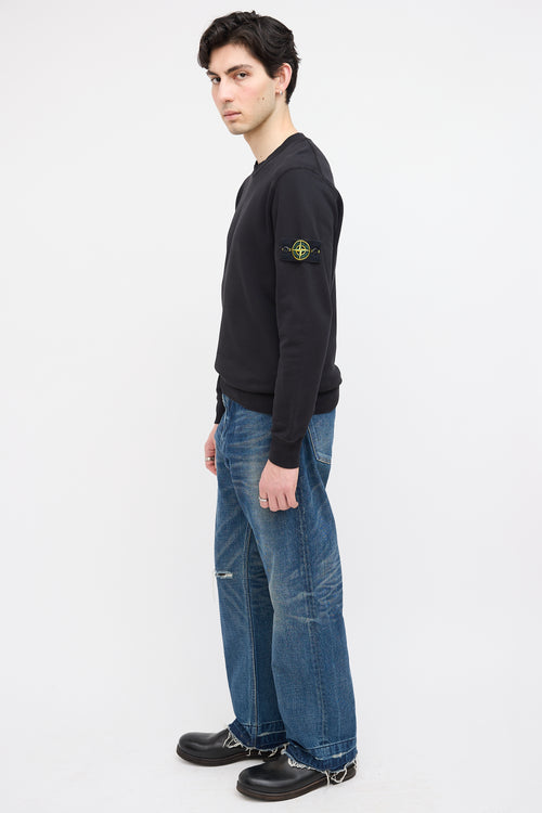 Stone Island Black Cotton Fleece Crewneck Logo Sweatshirt