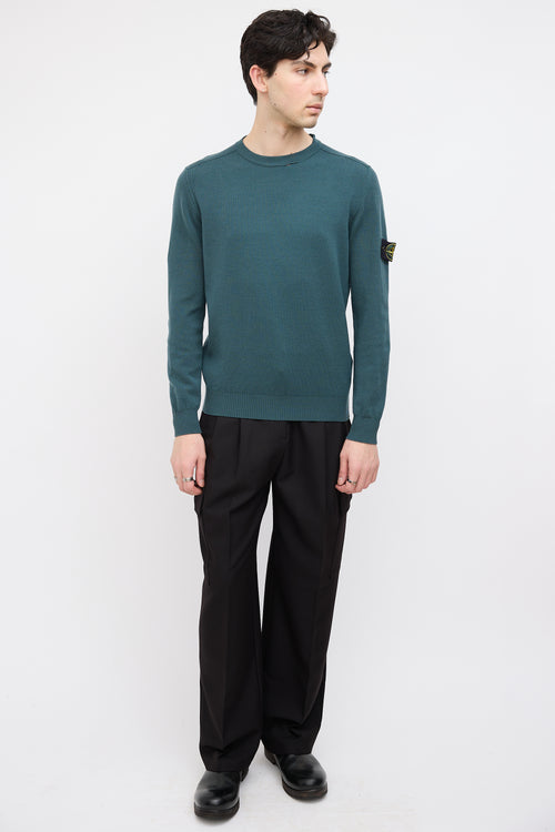 Stone Island Green Wool Crewneck Logo Sweater