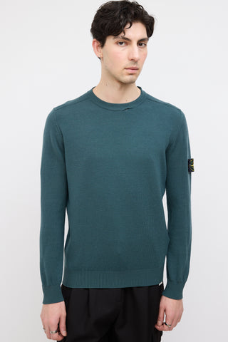 Stone Island Green Wool Crewneck Logo Sweater