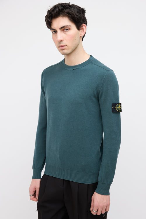 Stone Island Green Wool Crewneck Logo Sweater