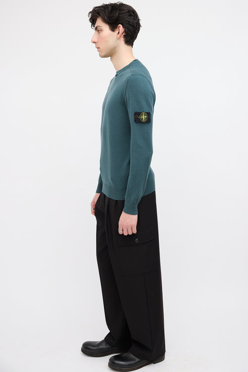 Stone Island Green Wool Crewneck Logo Sweater