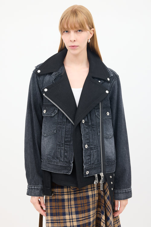 Sacai Black Cotton 
Wool Layered Moto Denim Jacket