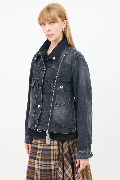 Sacai Black Cotton 
Wool Layered Moto Denim Jacket