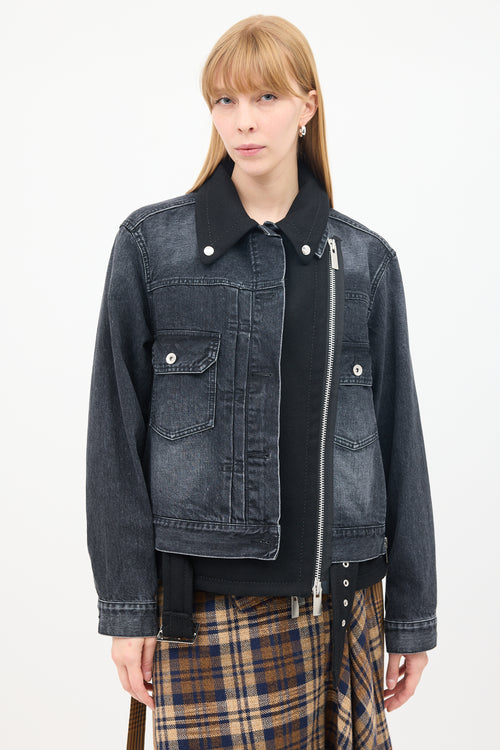 Sacai Black Cotton 
Wool Layered Moto Denim Jacket