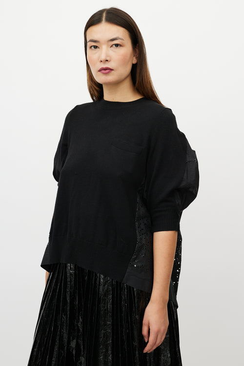 Sacai Black Knit Pleated Eyelet Top